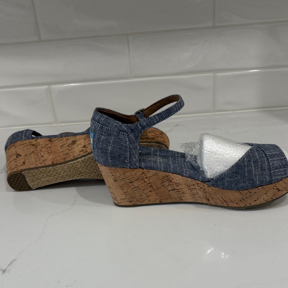 Toms Blue Denim Cork Wedges